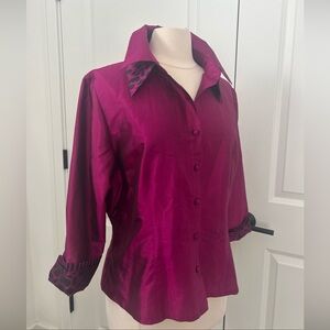 MARISA BARATELLI sz 16 Magenta Thai Silk Blouse Double Collar Cheetah Print Top